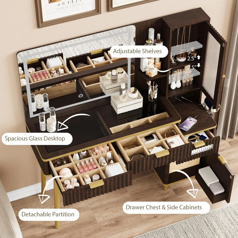モダンなガラス天板の化粧台、フルーテッドデザイン、LED照明付きミラー、充電ステーション付き