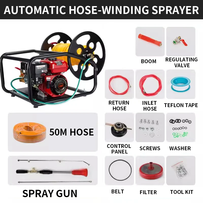 High-pressure agricultural sprayer with automatic hose reel, featuring a 50-meter or 100-meter hose, and a high-powered four-str