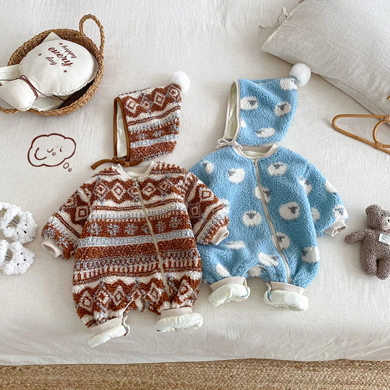 

2025 Winter Baby Rompers Fur Lining Girls Jumpsuits Warm Fleece Cute Cartoon One Piece