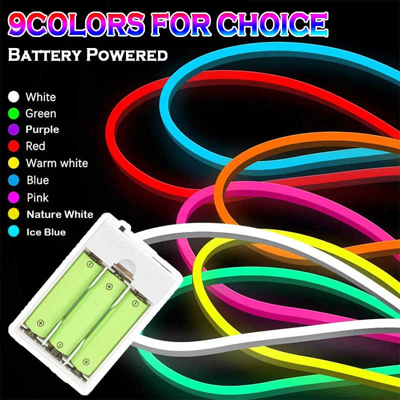 Batteriebetriebener LED-Streifen, flexible Neon-LED-Streifen, Neon-Lichterkette mit Batteriekasten, DIY-Design für Heimdekoration