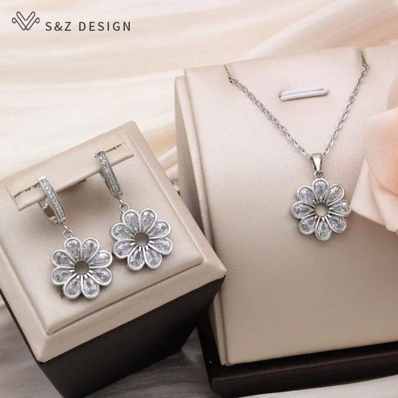 S&Z DESIGN New Fashion Elegant Flowers Cubic Zirconia Dangle Earrings For Women Vintage 585 Rose Gold Color Fine Jewelry Gift