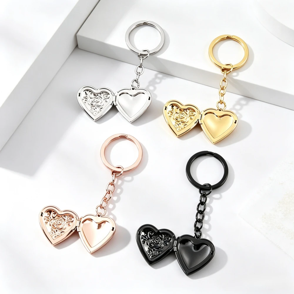 Rose Heart-shaped Stainless Steel Keychain Photo Box with Mirror Finish Suitable for Holding Photos Metal Keychain Friend Gift