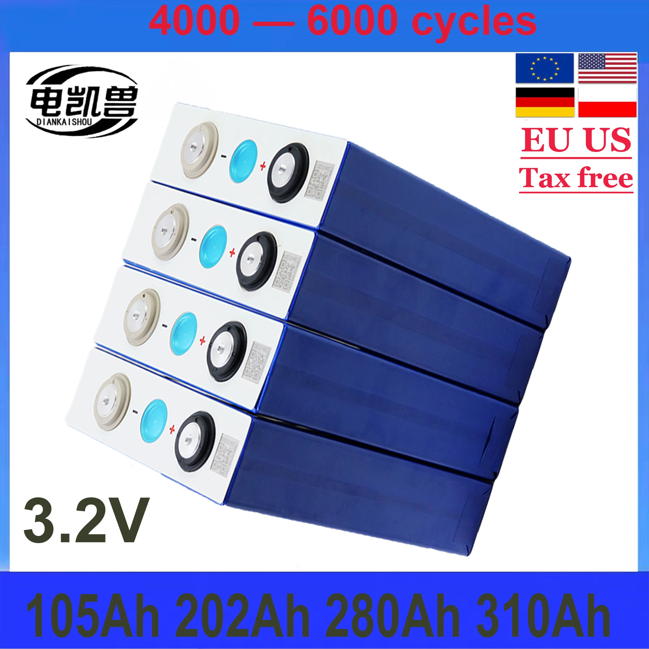 3.2V 310Ah 280Ah 105Ah 202Ah LiFePO4 Battery Cell DIY 12V 24V 48V  Grade-A 4000+ Cycles Full Capaticy LiFePO4 Battery