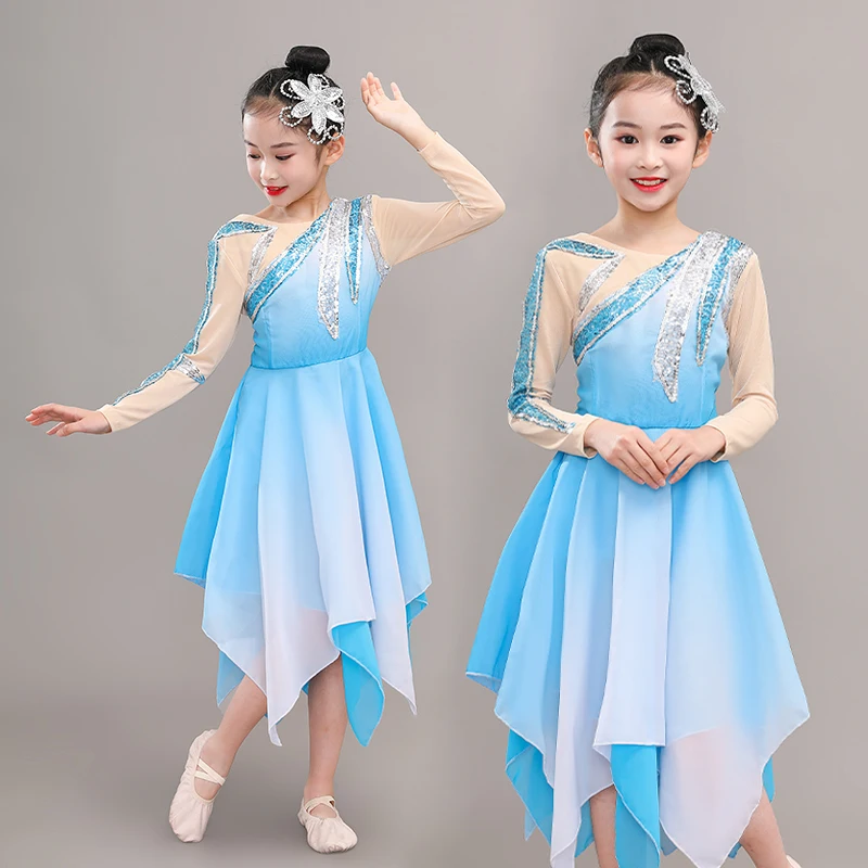 

Children Stage Performance Chinese Folk Dance Costume Girls Classic Yangko Dancewear Kids Hanfu National Umbrella Dance Dress