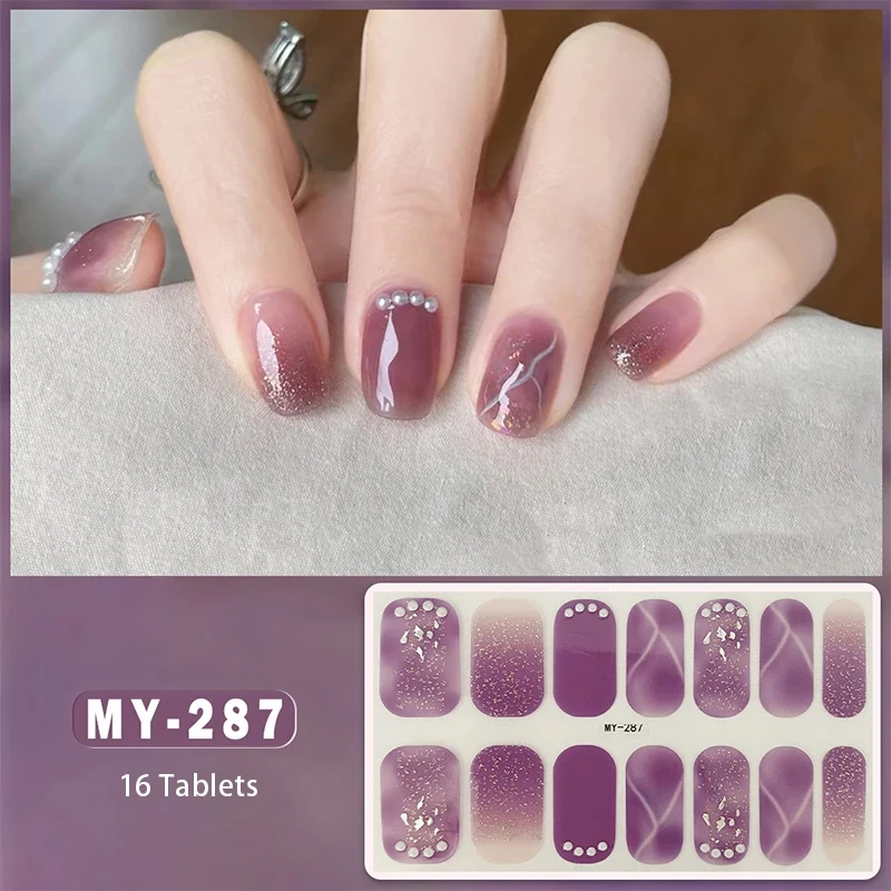 DIY Glitter Bake Free Gel Nail Stickers Flowers Gradient Color Adhesive Full Cover Nail Wraps DIY Manicure Arts Decals