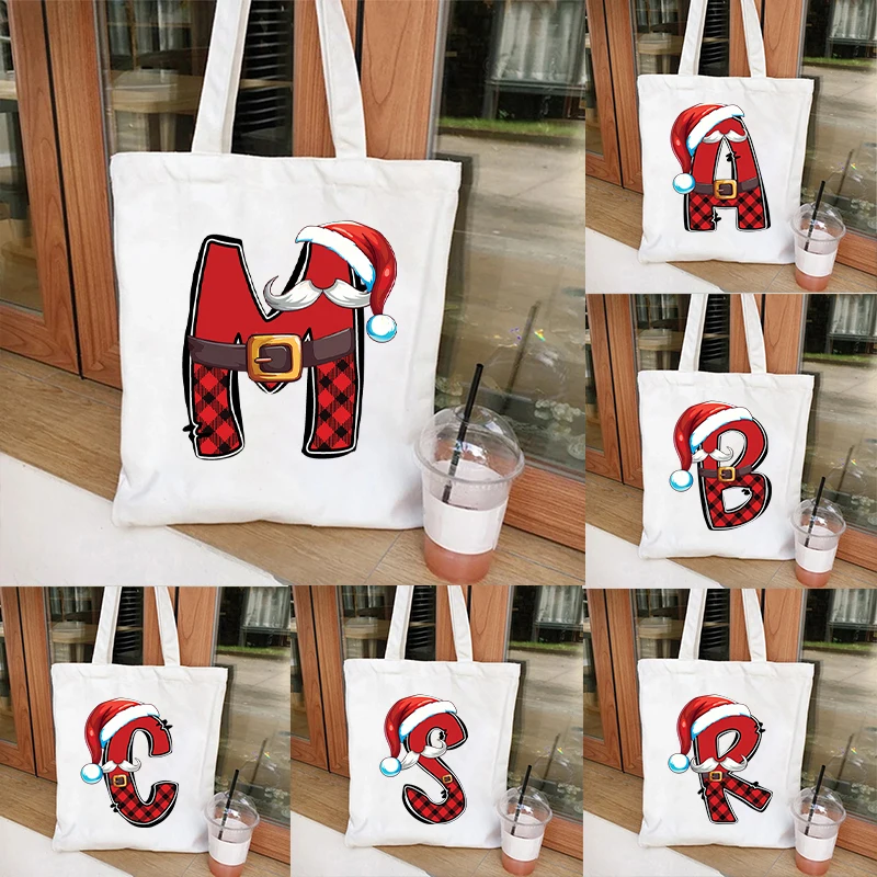 Women 26 Alphabet Printed Shoulder Bag Funny Christmas Party Canvas Tote Bags Reusable Shopping Bag Fashion Lady Handbags