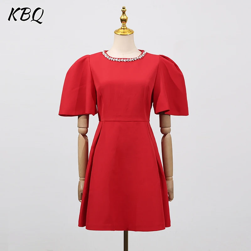

KBQ Solid Slimming Spliced Bead Dresses for Women Round Neck Short Sleeves Patchwork Folds Temperament Dress Female Clothing