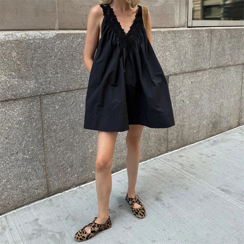 

Women's dress New lace patchwork sleeveless mini dress for spring 2026 Sexy off shoulder pure cotton short dresses party dresses