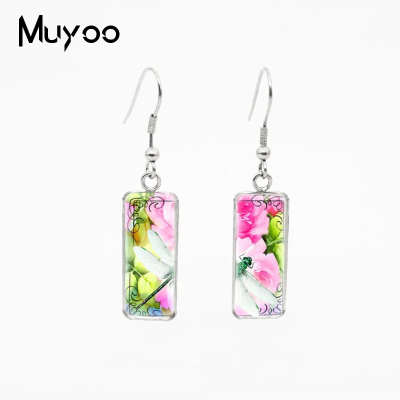 Beauty Colorful Dragonfly with Rose Flowers Rectangle Fish Hook Earrings Handcraft Jewelry Dangles