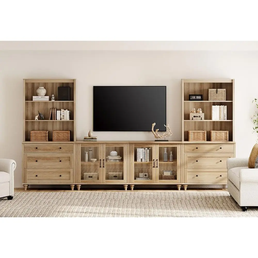 

Oak Wall Unit TV Stand with Glass Doors for TVs up to 75, Media Console for Living Room, Bedroom, Home Theater