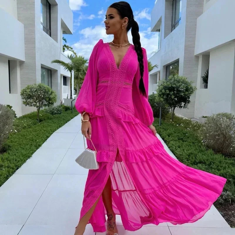 Elegant Hollow Lace Slim Maxi Dresses Patchwork Ruffle Deep V Neck Lantern Sleeves Long Dress Fashion 2024 Evening Party Robes