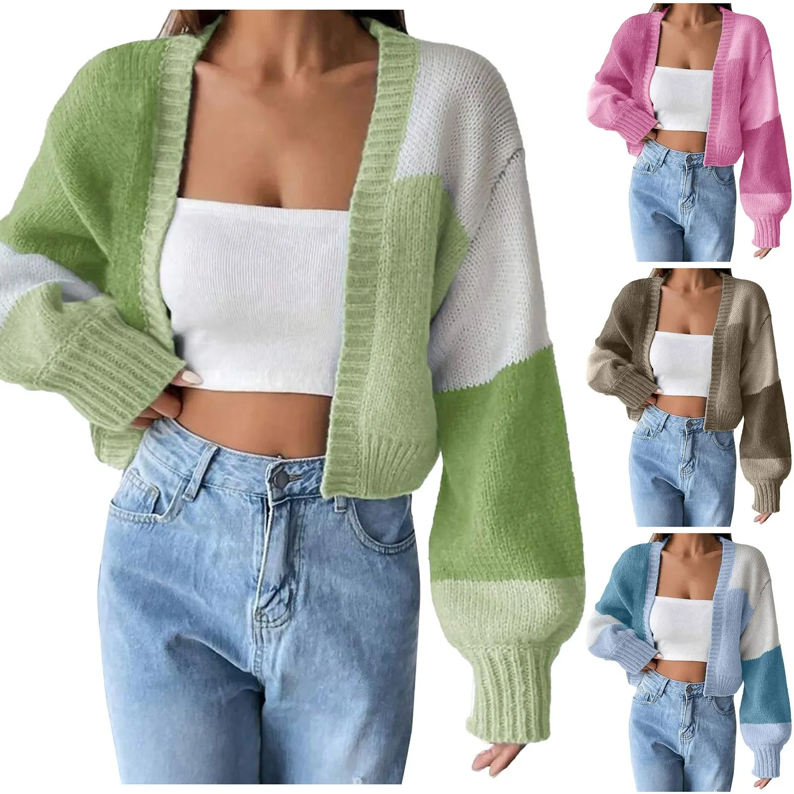 Women's Short Sweater Coat Long Sleeve Front Open Color Block Checkered Cardigan Jacket Casual Crochet Cardigan