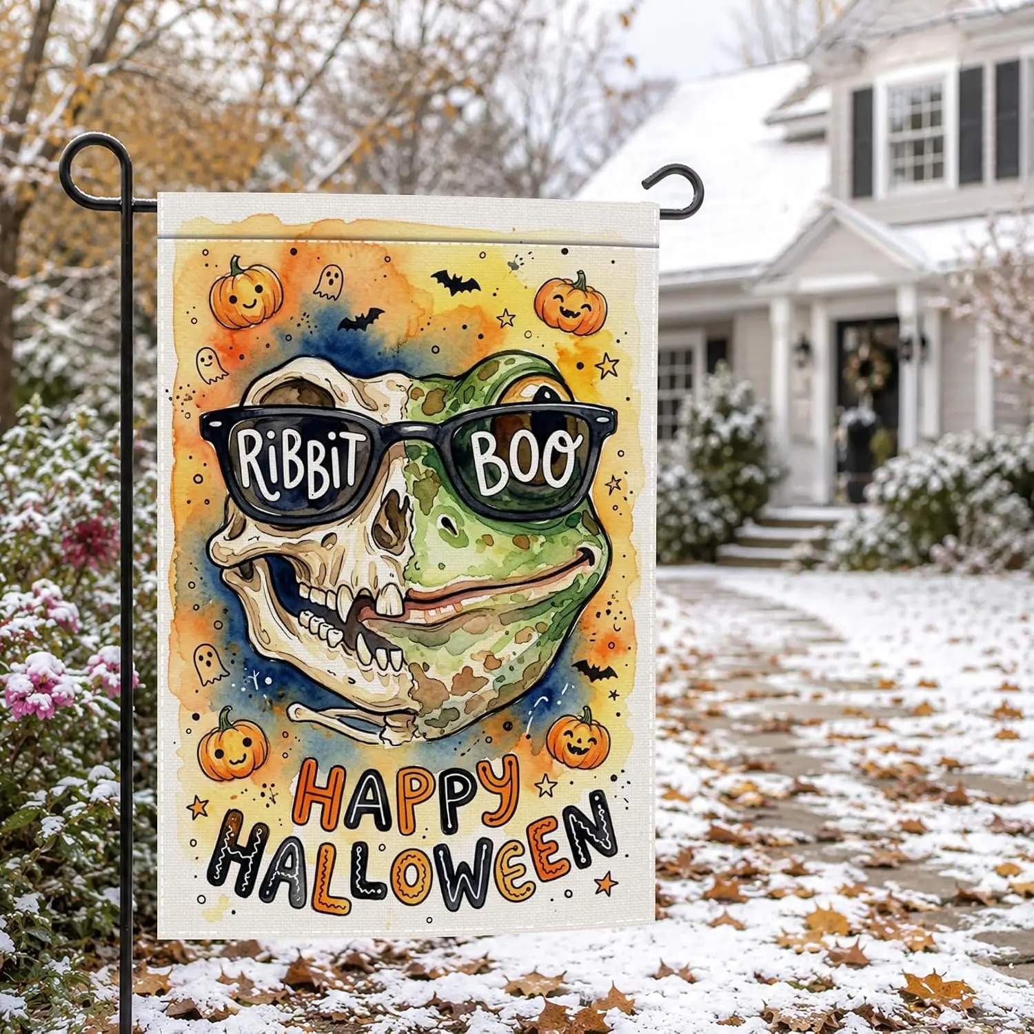 Frog Skeleton Happy Halloween Garden Flag 12x18 Inches | Double sided polyester, boo halloween yard theme, halloween porch d llp