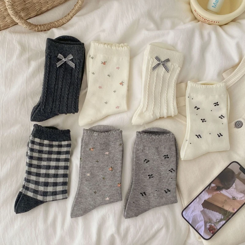 

Комплект из 2 пар женских носков: серые длинные носки с 3D-узлом-бабочкой, высокое качество, для осени и весны, в стиле кокетка