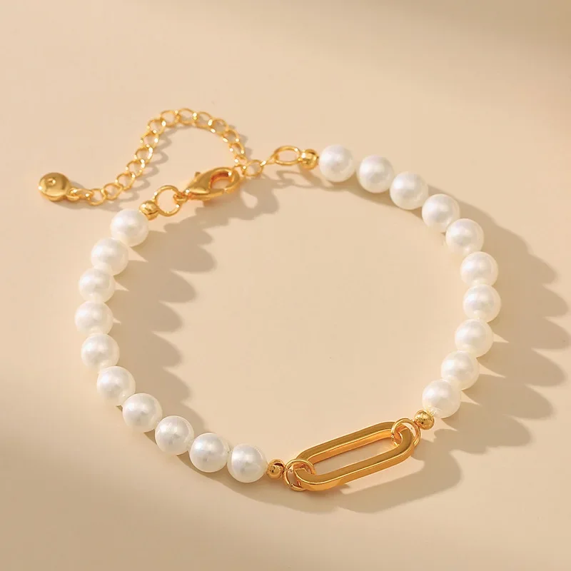 *White Round Pearl Women Bracelet 18k Gold Plated Paper Clip Chain Fashion Wedding Party Jewelry Gift Day Wear Hand Accessories