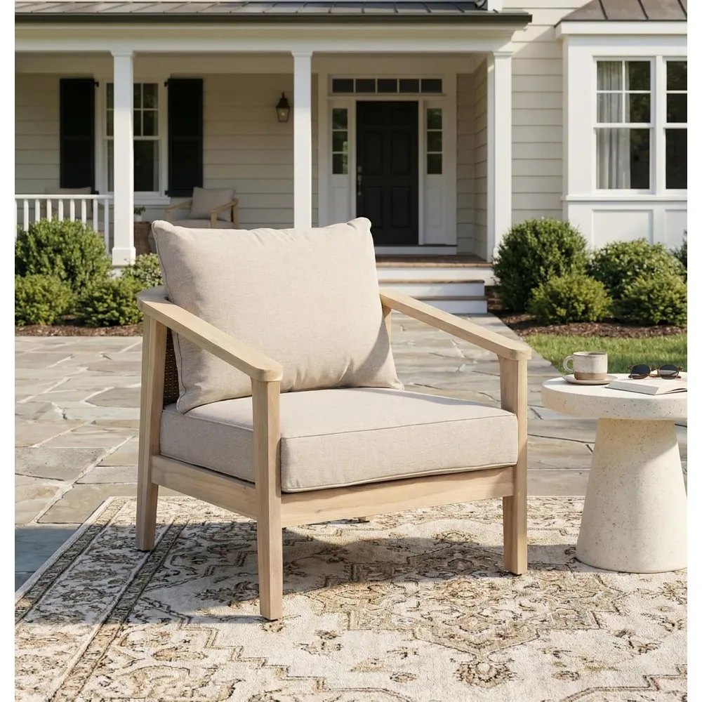 Acacia Wood Lounge Chair Outdoor with Removable Cushion and PE Wicker Backrest