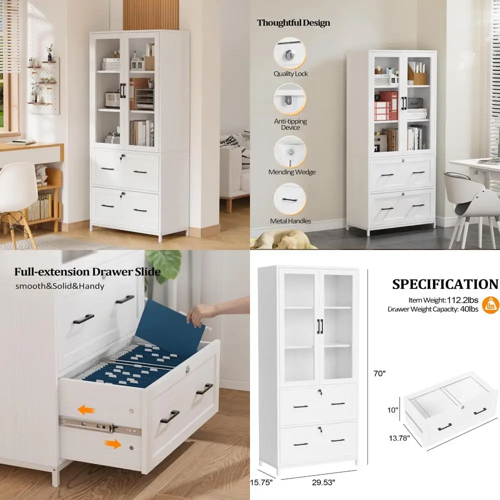 Lateral File Cabinet with Glass Doors, 2 Locking Drawers for Files, Adjustable Shelves Bookshelf for Home Office Organization