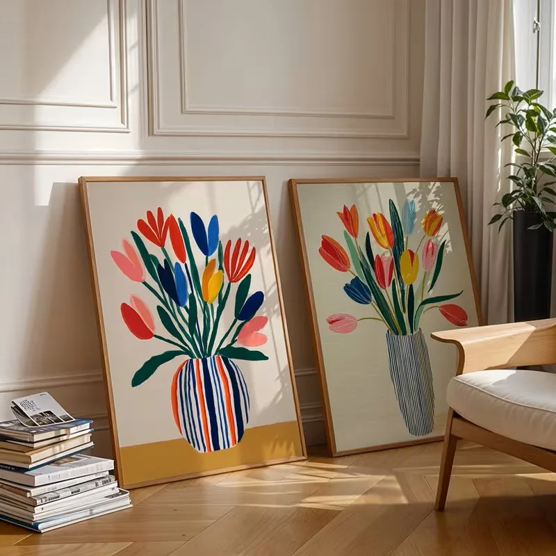 Plant Print Tulip 2PCS Canvas Poster Art Wall Painting Retro Poster Suitable Living Room Decoration