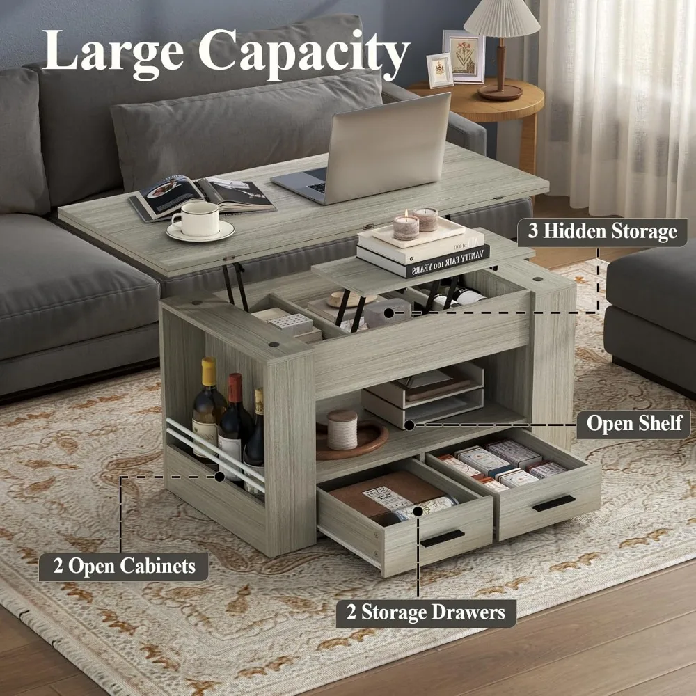 Lift Top Coffee Table, 4 in 1 Multi-Function Coffee Table with Storage Shelf and Hidden Compartment, Center Table with Large Dra