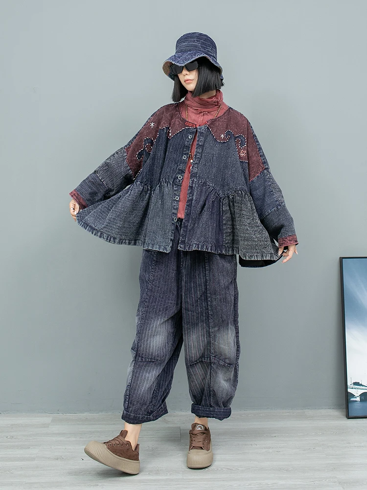 Old Fabric Double-layer Large Swing Long Sleeved Cardigan Short Coat + Pant Two Piece Set Women Autumn Winter LX2695