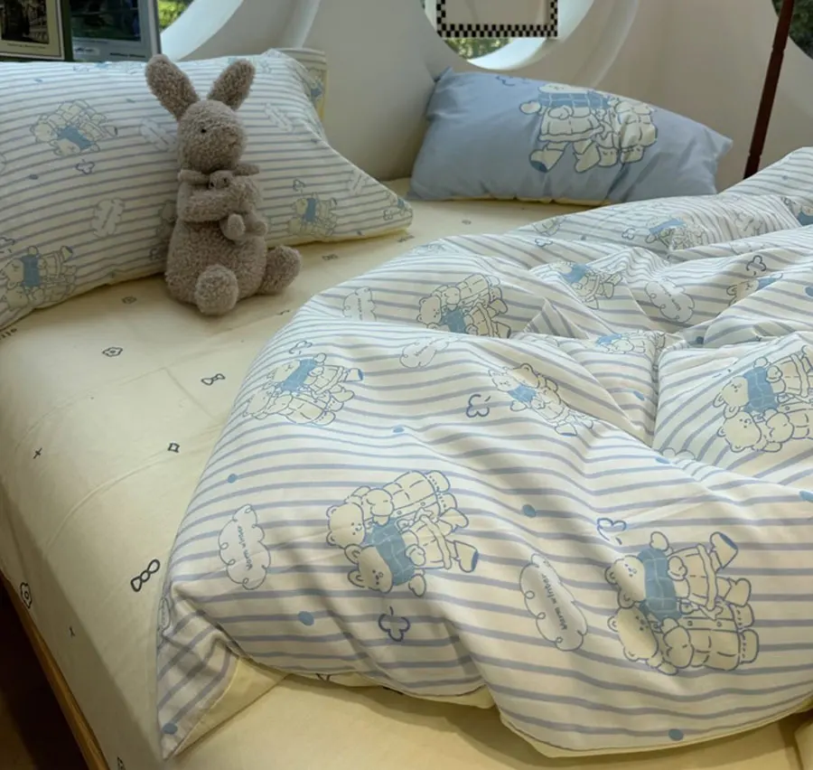 

Cute cartoon rabbit blue stripes bedding set single double,twin full queen cotton home textile bed sheet pillowcase quilt cover