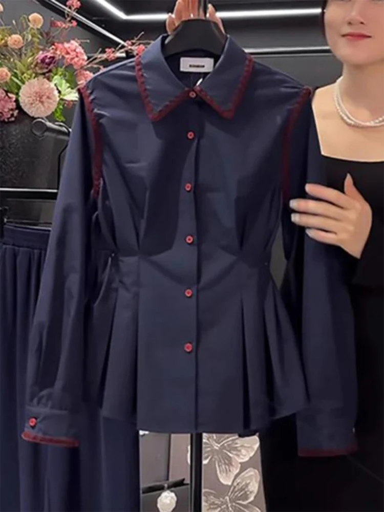 

Блузка больших размеров королевского синего цвета с эффектом утяжки на талии, с коротким или длинным рукавом, премиум-класса, в корейском стиле, с пуговицами