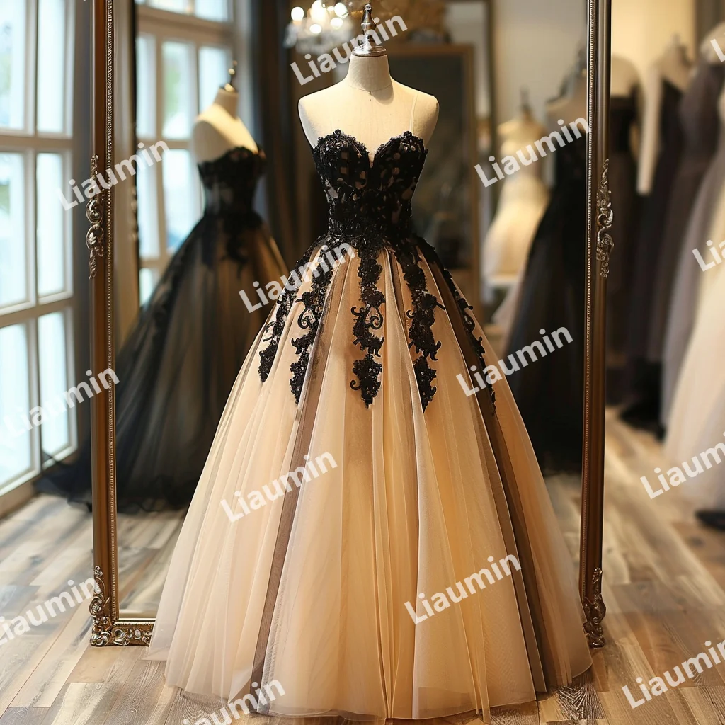 New Champagne Tulle Black Lace Applique StrapLess A Line Prom Formal Dress Evening Party Lace Up Back Custom Hand Made A3-2.1