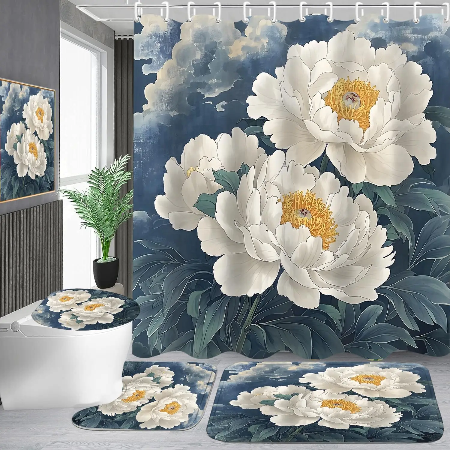 

Винтажная занавеска для душа с пионом, 4 шт., художественное цветочное украшение для ванной комнаты с занавеской для душа и ковровым цветочным принтом, с крючком