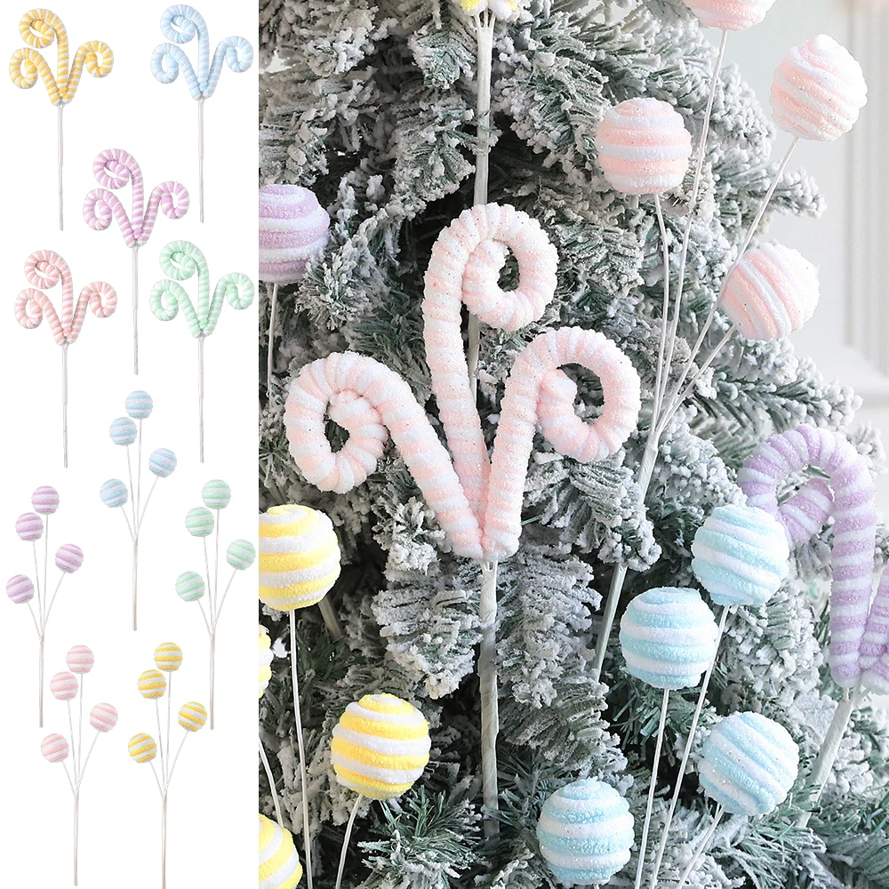 

1Pc Macaron Candy Spiral Twisted Branches Christmas Ornament Xmas Tree Curly Cuttings Colorful Artificial Bouquet New Year Decor