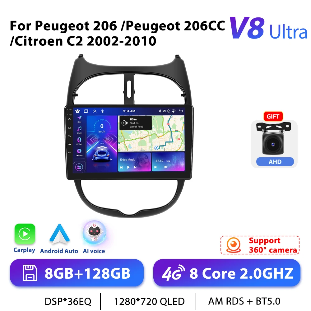 Podofo 9 "Autoradio Draadloze CarPlay Android Radio Voor Peugeot 206 206CC Citroen C2 2002-2010 Multimedia GPS Ontvanger Autoradio