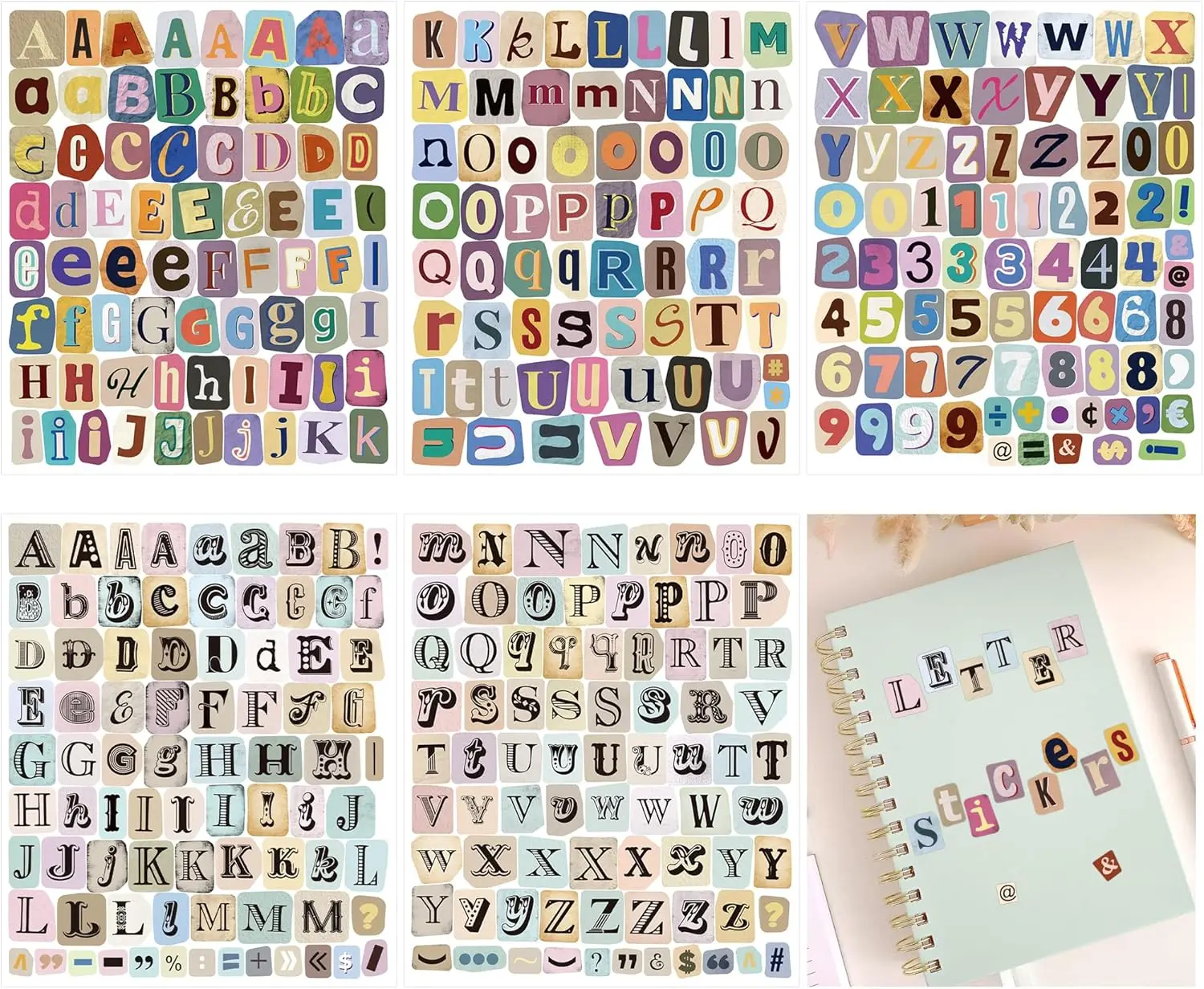 372Pcs/5 Sheets Vintage Alphabet Number Vinyl Self-Adhesive Stickers for Scrapbook Journaling Laptop Water Bottles DIY Crafts