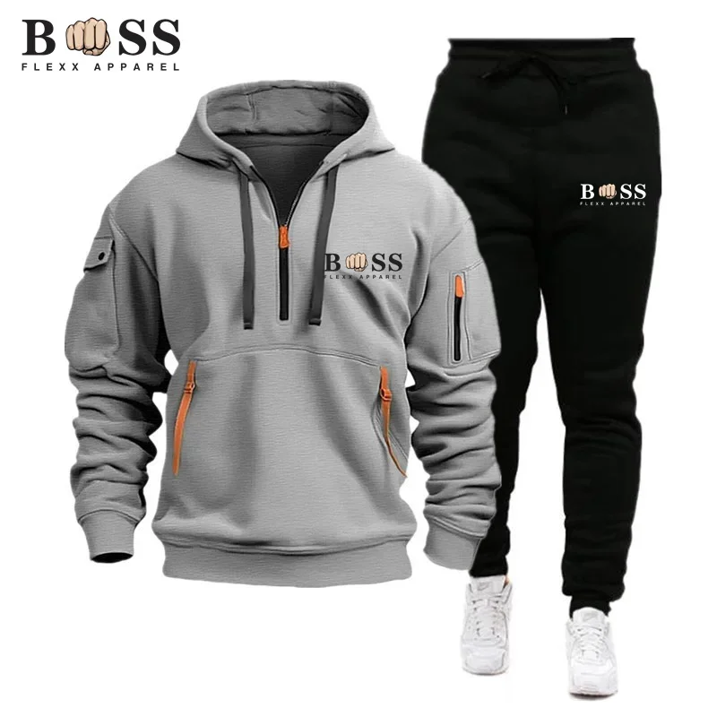 Men\'s Sportswear Casual and Minimalist Jogging Suit Outdoor Set Zippered Hoodie and Black Sports Pants 2-piece Spring Fashion