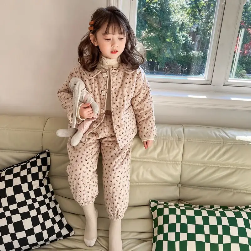 

Children's pajamas winter thickened Korean girls pure cotton cotton baby home clothing set