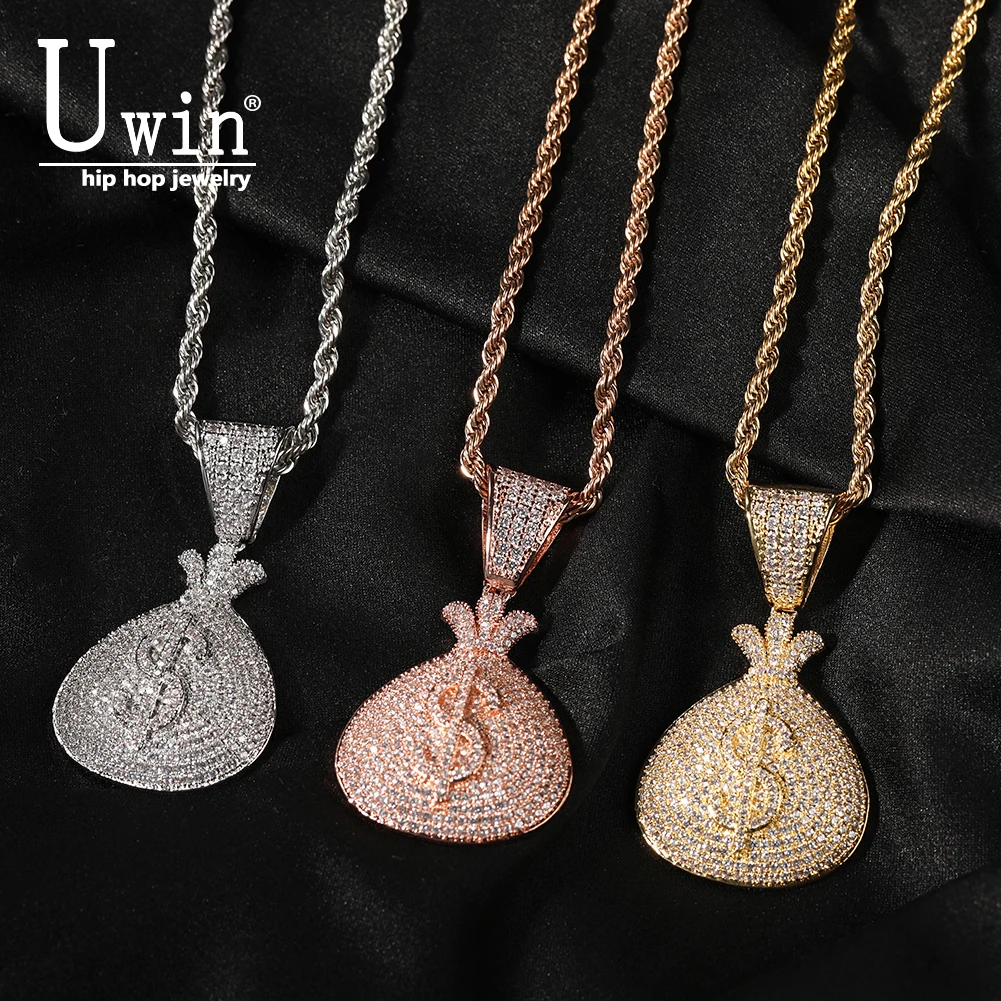 

UWIN $ Money Bag Pendant Iced Out Bling Cubic Zirconia Charm Necklaces For Men Women Rapper Hiphop Jewelry Gifts