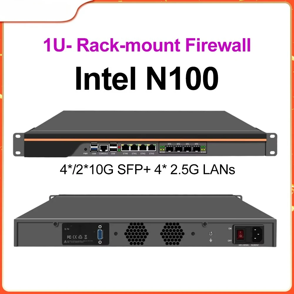 1U Rackmount كمبيوتر صغير إنتل N100 |   4×10G SFP+ & 4×2.5G LAN |   جهاز جدار الحماية/الشبكة الأمنية |   الخادم المنزلي/PFSense/OPNsense