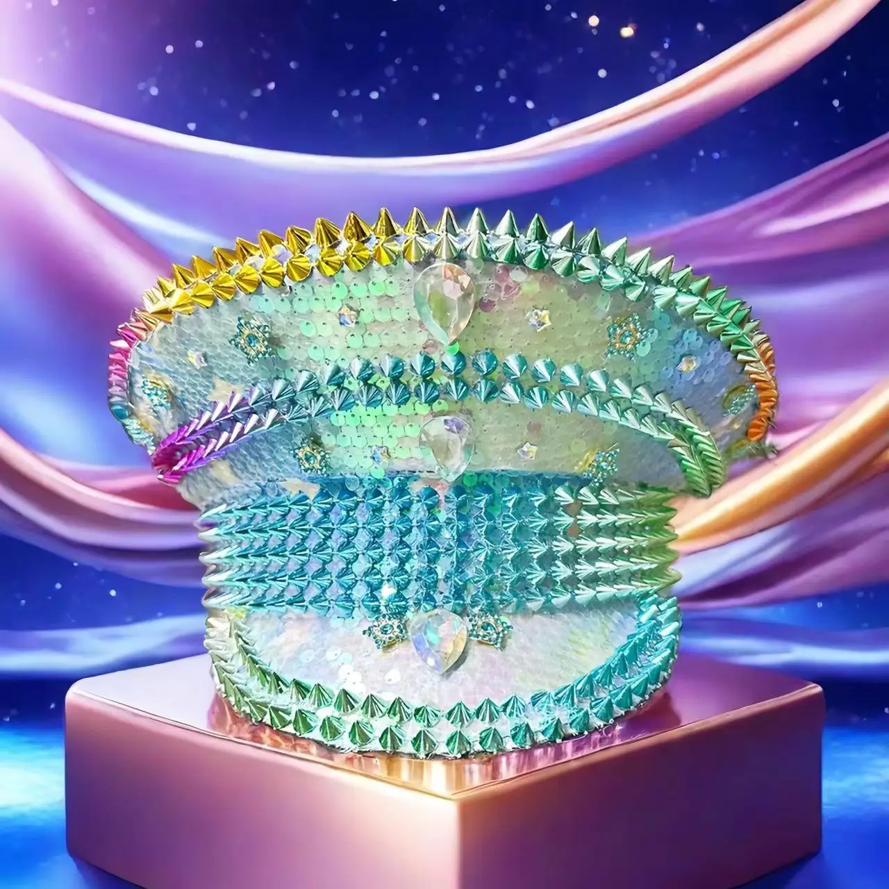 Gorra militar HongLuan con diamantes de imitación, sombrero de capitán festivo iridiscente, sombrero de fiesta azul marino con lentejuelas, barras de despedida de soltera, fiestas de Navidad