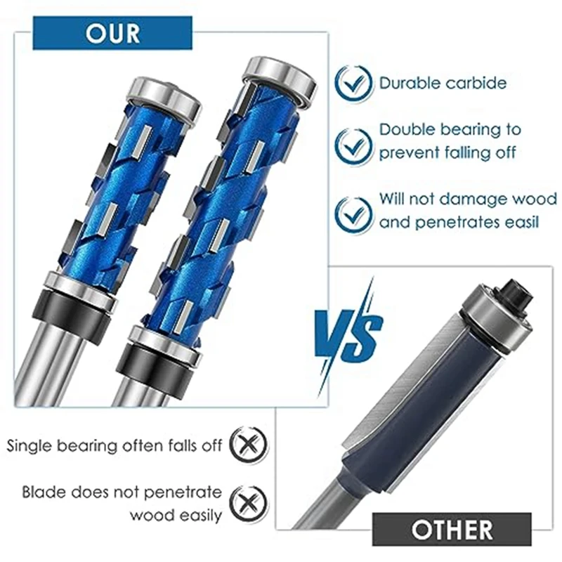 2Pc Flush Trim Router Bit Set 1/2Inch Shank,Double Bearing Spiral Trimming Tool Woodworking Milling Cutter Tool For Wood