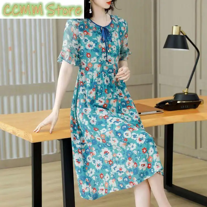 

Female Clothing Broken Flowers Midi Dress Casual O-Neck Stylish Drawstring Summer Short Sleeve Korean Basic A-Line Waist Dresses