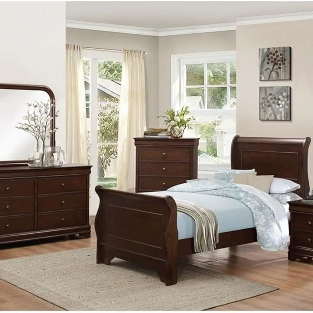 Par de mesitas de noche clásicas tridimensionales de madera de cerezo marrón