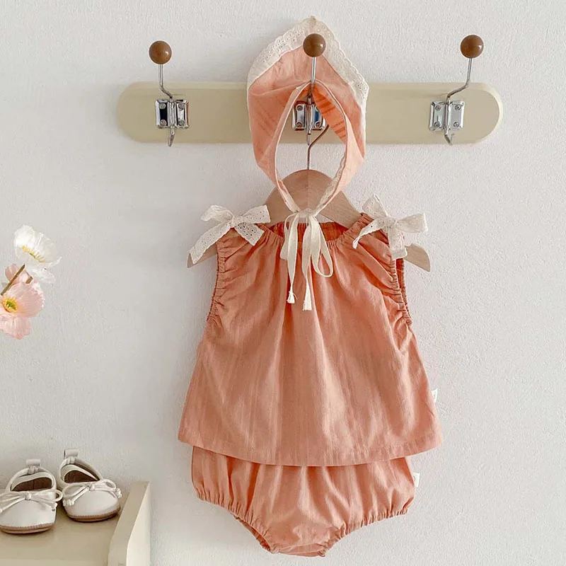 2025 New Summer Korean Style 0-3Yrs Children Clothes Suit Sleeveless Cotton Vest+PP Shorts+Hat Newborn Baby Girls Clothing Set