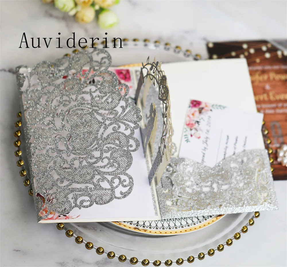 50/60/70 قطعة ثلاثية الأبعاد بطاقة دعوة الذهب بريق ورقة زفاف العروس والعريس الليزر القلب حفلة خطوبة دعوات ثلاثية أضعاف