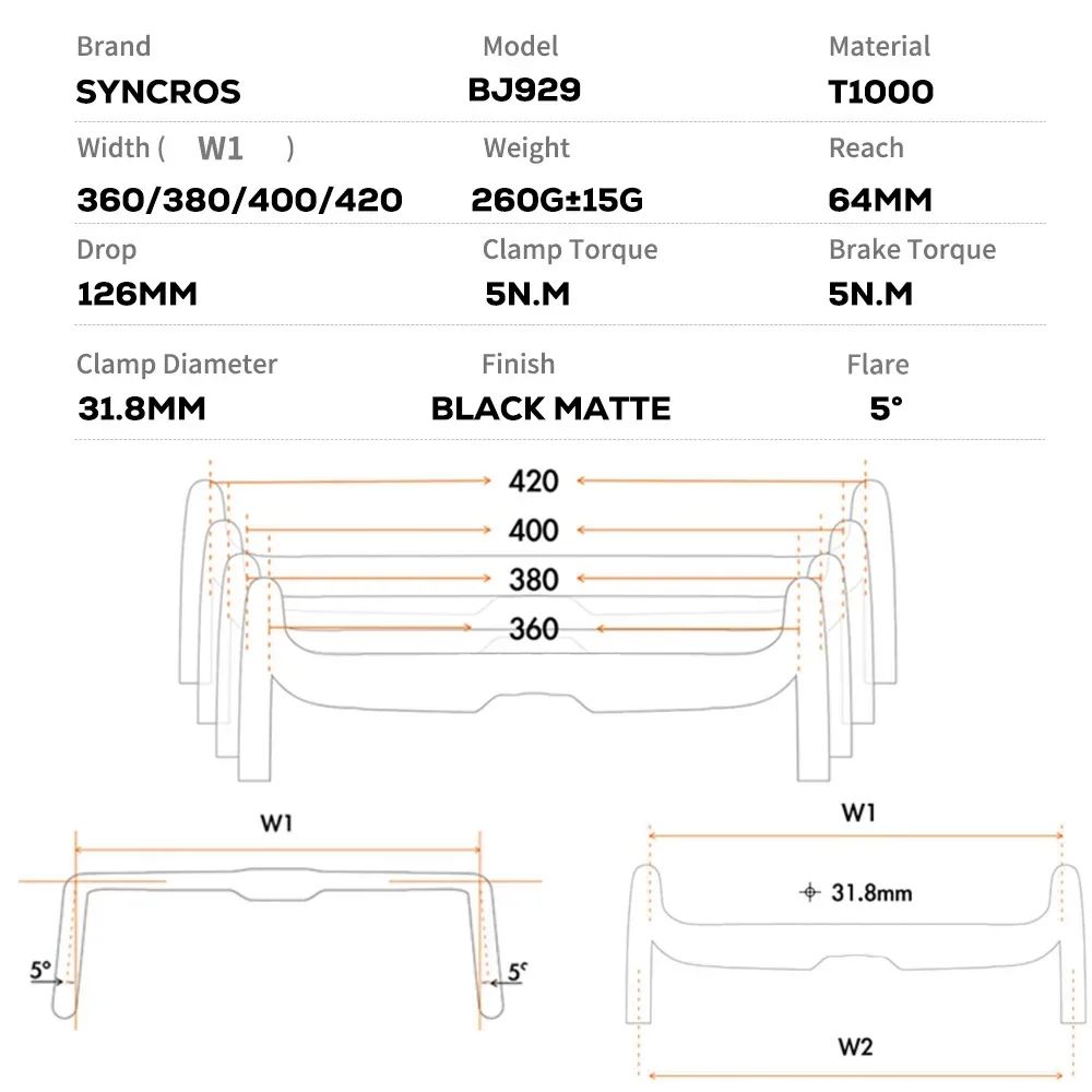 Syncros T1000 Road Handlebar 380mm/400mm/420mm/440mm Black Matt Fully Internal Routing Road Bicycle HandleBar the one - Image 3