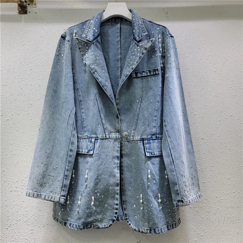 2024 Nieuwe Losse Blauwe Spijkerjas Dames Strass Retro Effen Kleur Pak Kraag Jean Jas Dames Street Top Kleding