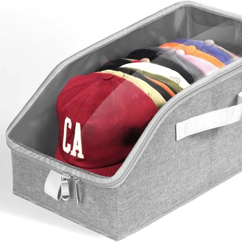 Baseball cap storage box, cap storage basket with transparent window with portable zipper hat storage