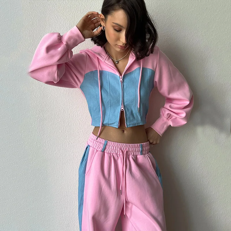 Two Piece Pant Set Women Full Sleeve Zipper Sweatshirts Hooded Casual Drawstring Long Pants Pockets Sweatshirt Suits Patchwork