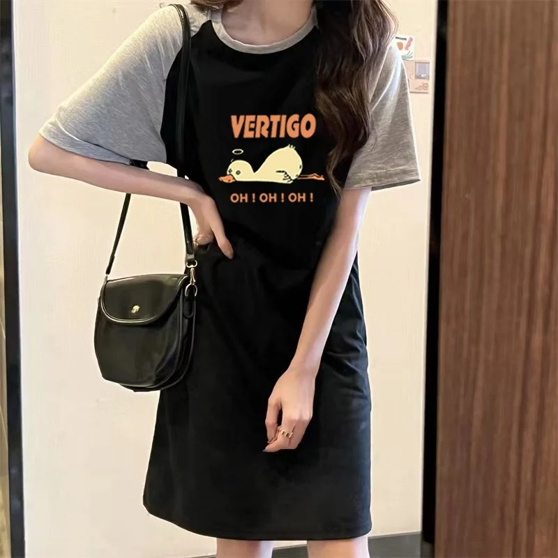 Summer Loose Duck-printed Korean Style Simple and Casual Round-neck Dress for Pregnant Women