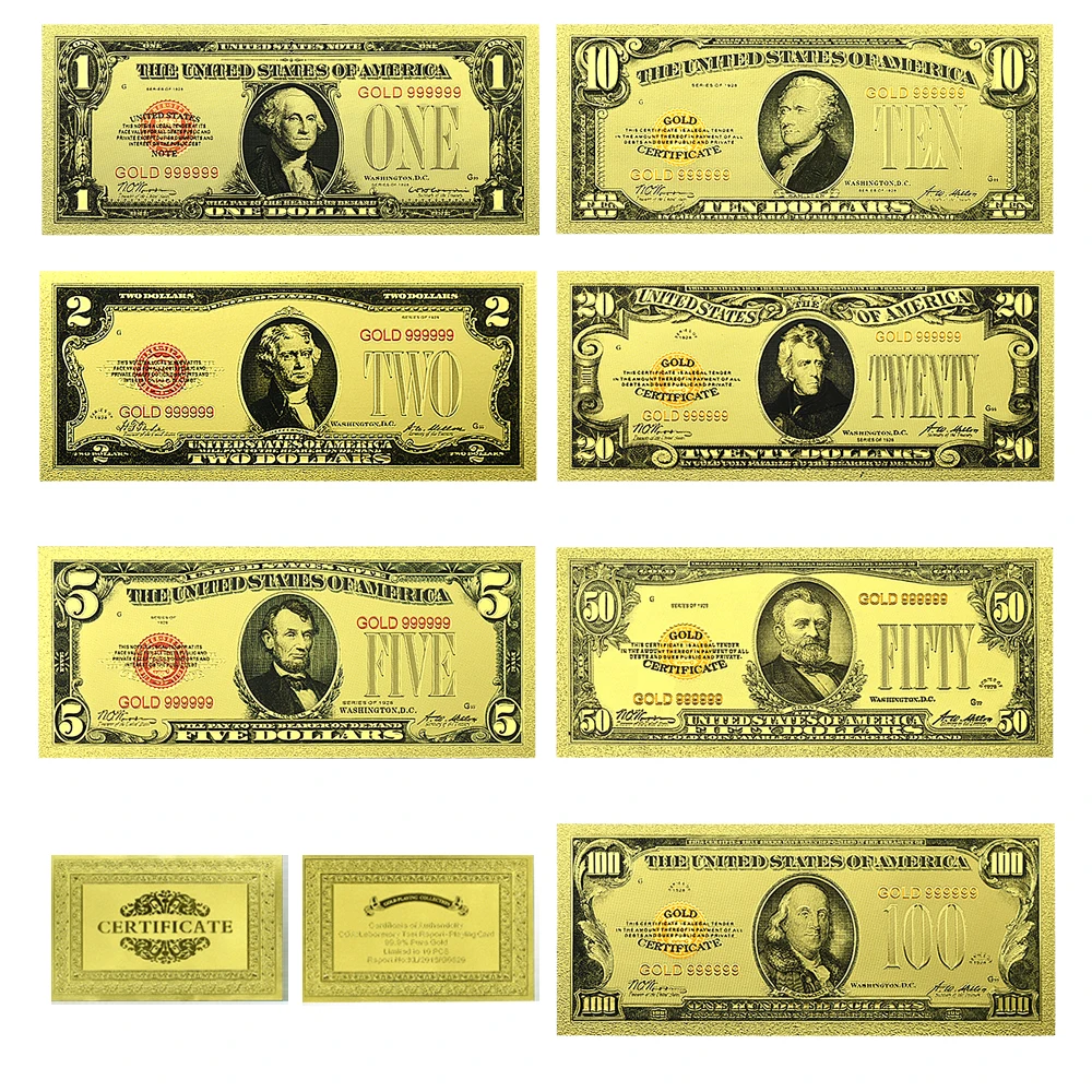 

US Dollars Gold Foil Banknotes 1-100 Dollars High Quality Plastic Money with Certificate Uncurrent
