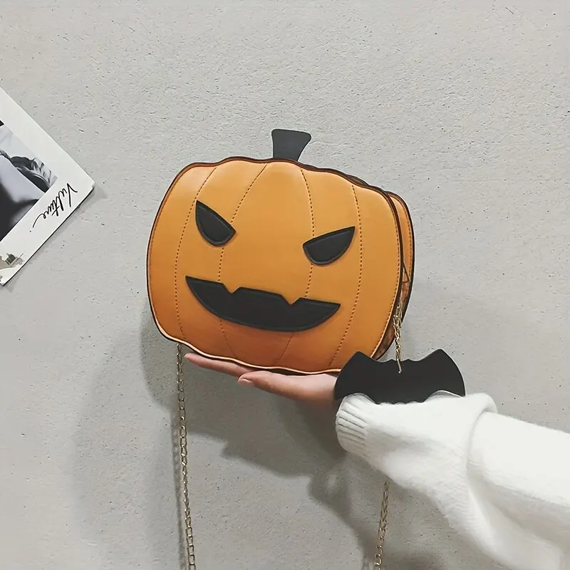 Halloween Funny Bag PU Leather Novelty Pumpkin Purse Adjustable Strap Crossbody Bag Fashion Satchel Bag Cartoon Shoulder Bag