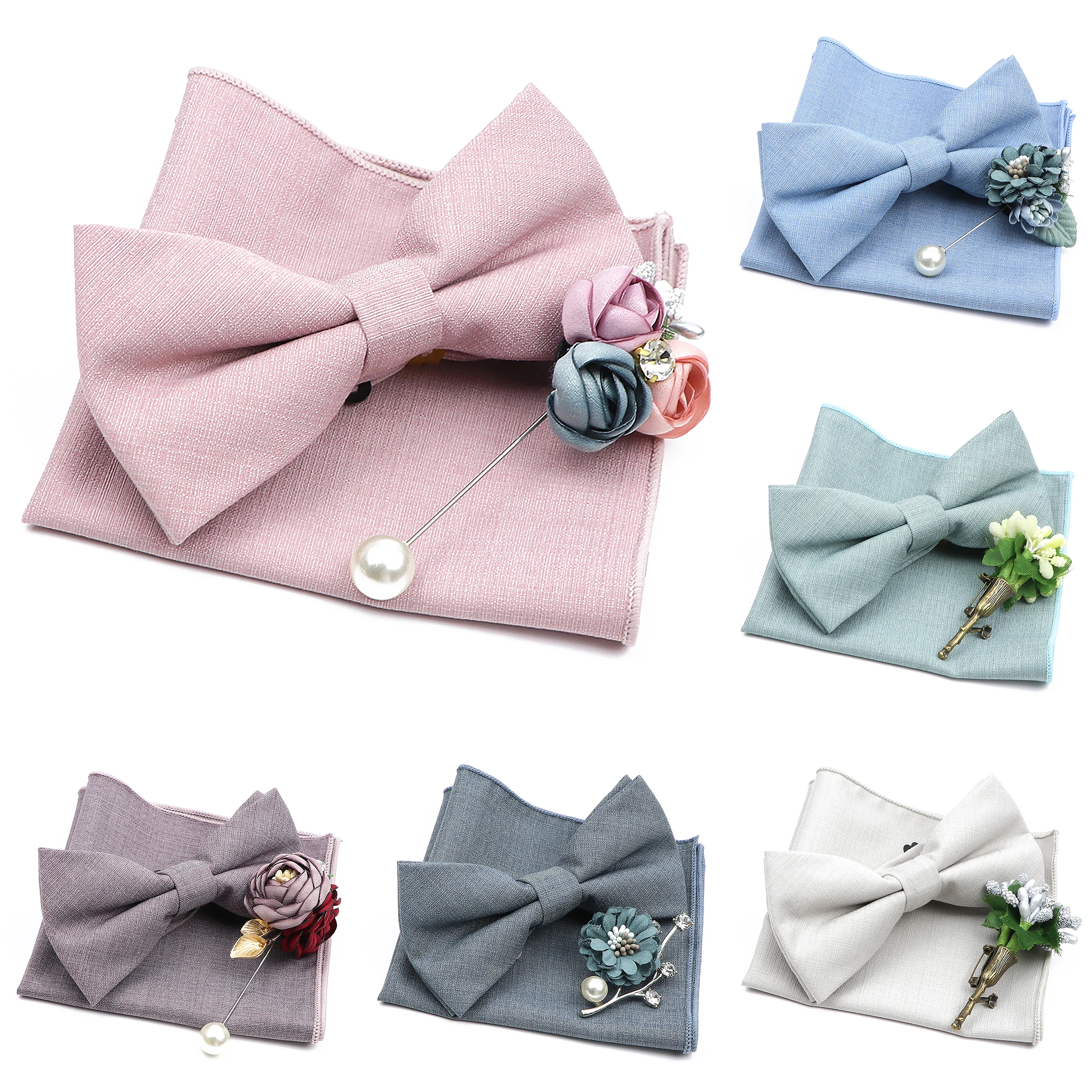 Mens Wedding Bowtie Brooch Set Romantic Solid Color Bamboo Fiber Bowknot Flower Lapel Pin Blue Pink Cravat Suit Shirt Accessory