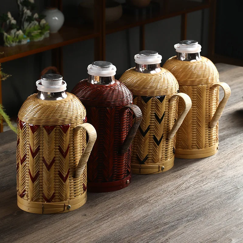 Bamboo Woven Thermos Bottle Household Vintage Vacuum Hot Kettle Glass Interior Retro Tea Room Thermos Bottle